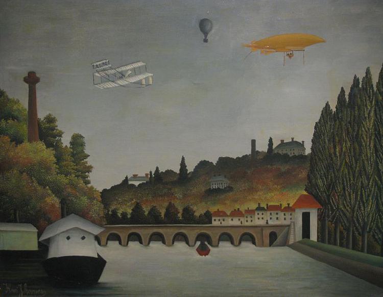 Henri Rousseau View of the Pont Sevres and the Hills of Clamart, Saint-Cloud, and Bellevue with Biplane, Ballon and Dirigible By Henri Rousseau Sweden oil painting art